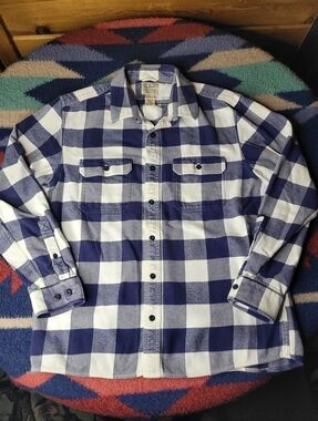 LL Bean Button Up Flannel Shirt Mens Medium Slightly Fitted Blue White Plaid